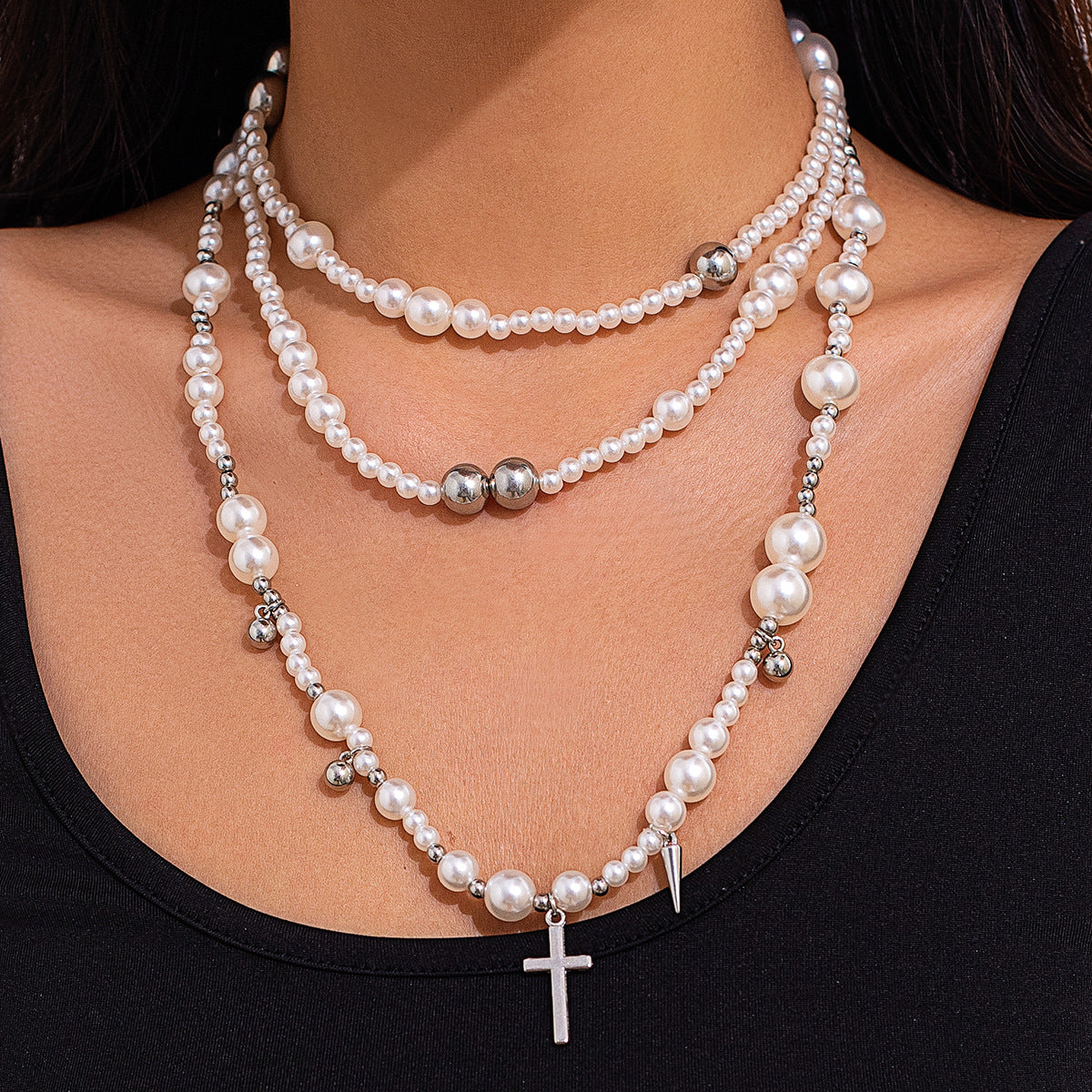 Wholesale Retro multi-layer imitation pearl cold personality rivet pendant handmade necklace